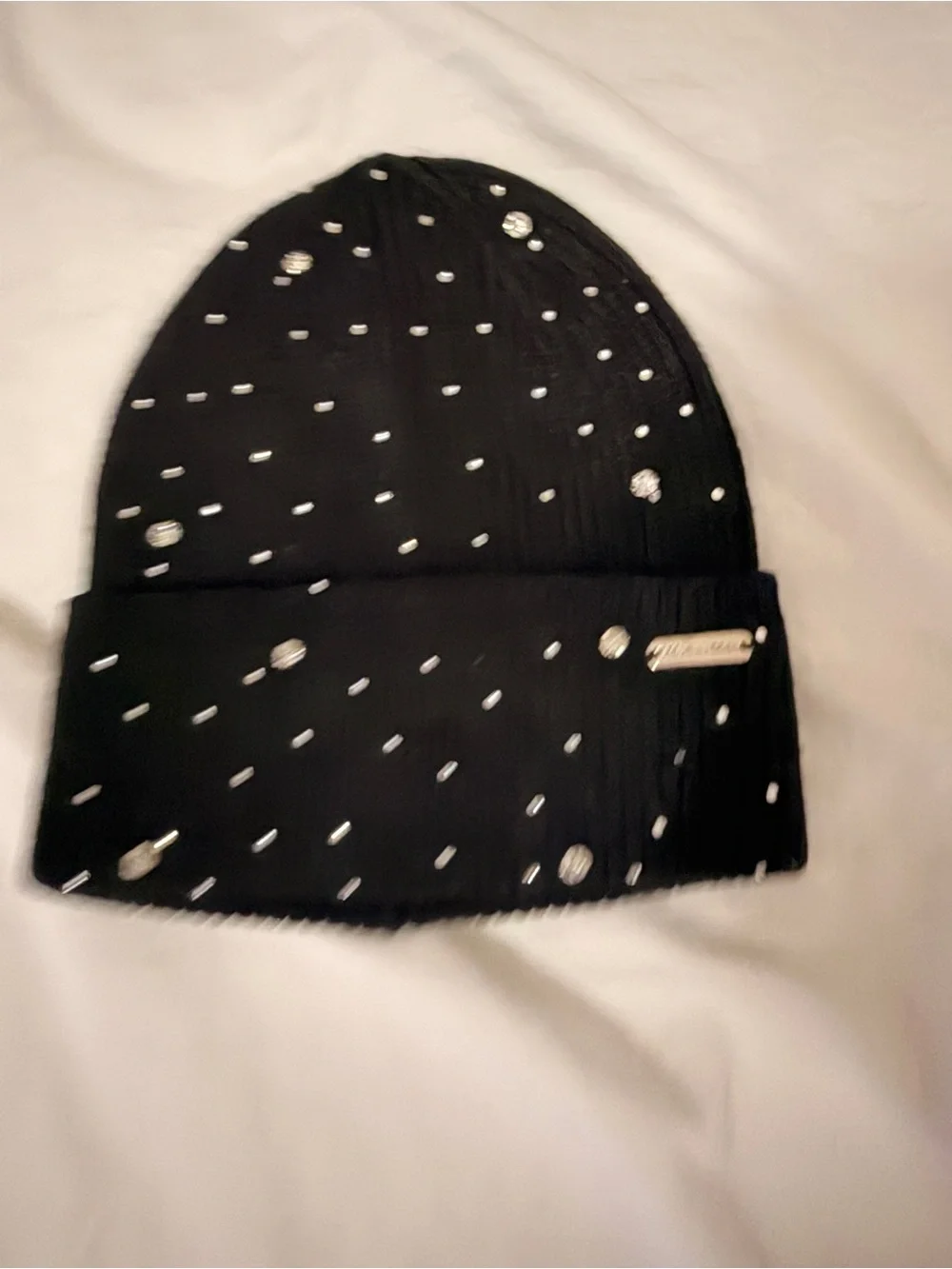 Steve Madden Black Knit Beanie with Rhinestone Accents